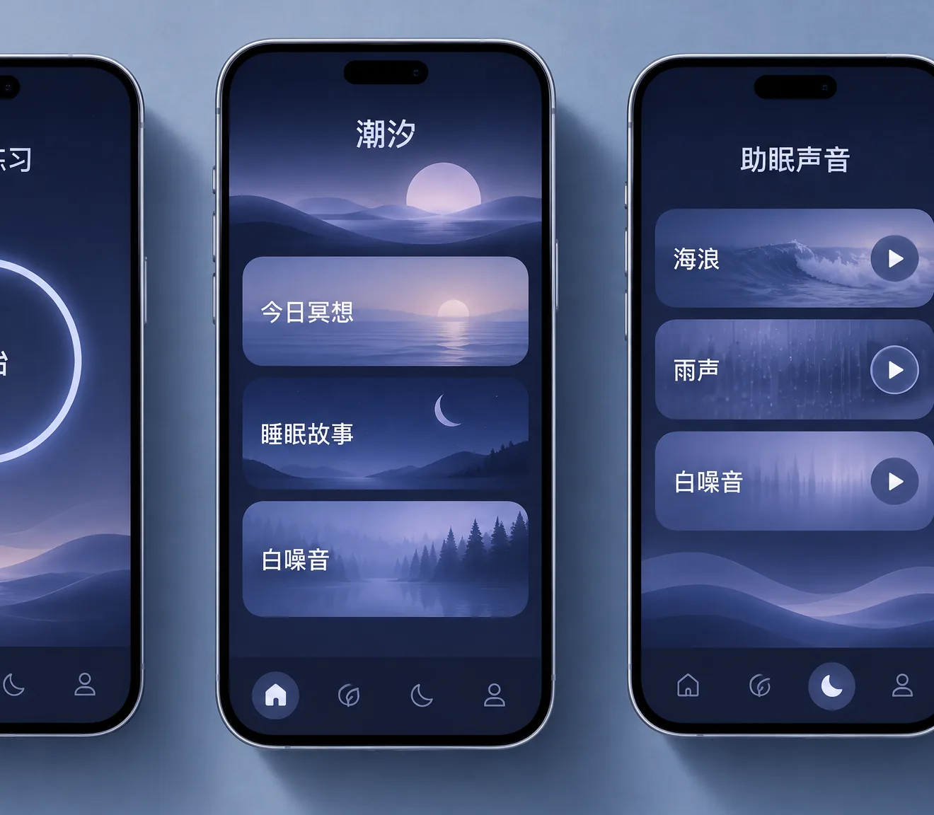 潮汐 App 三屏特写:冥想、故事、助眠声音