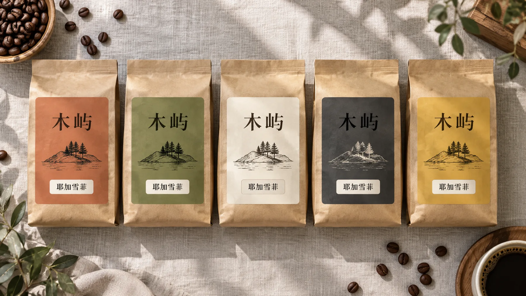 木屿五款咖啡袋整齐排列