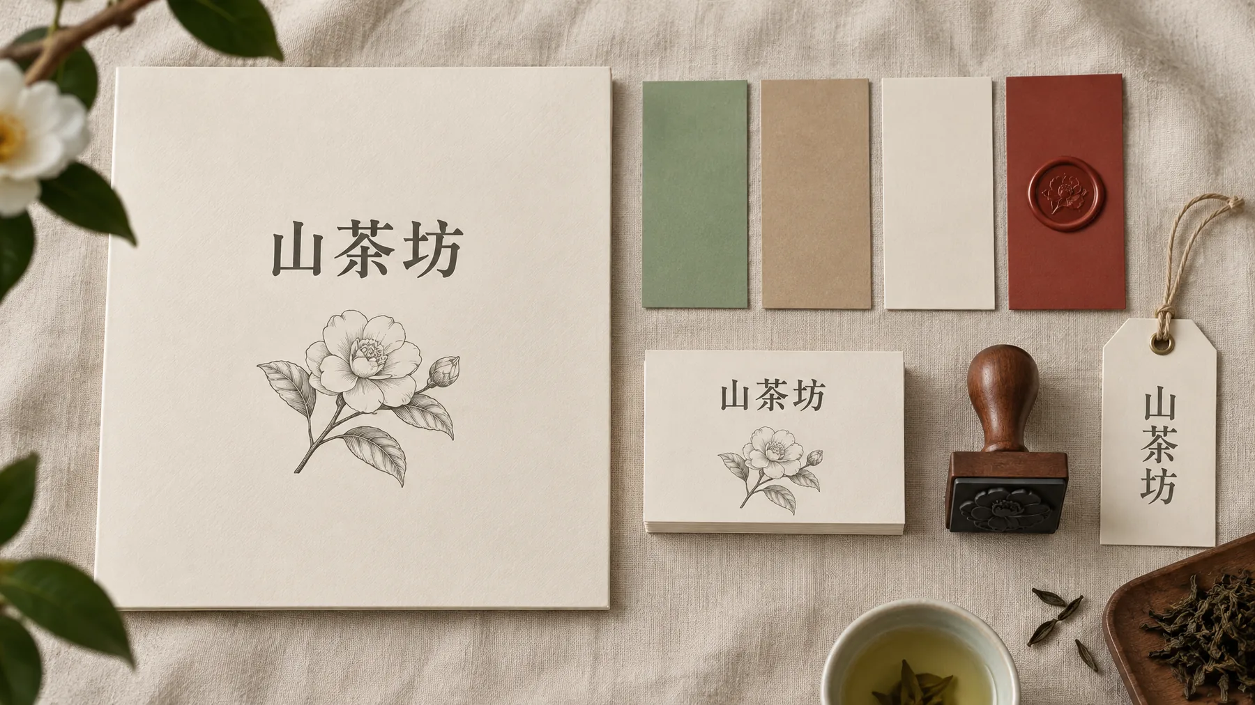 山茶坊品牌规范板：标志、色板、名片与印章